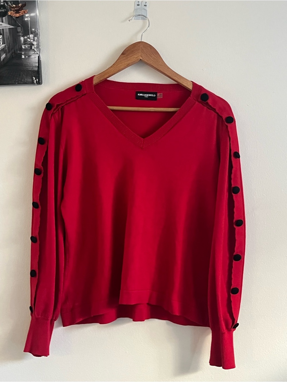 Karl Lagerfeld Paris Red Button-Sleeve V-Neck Sweater- Medium